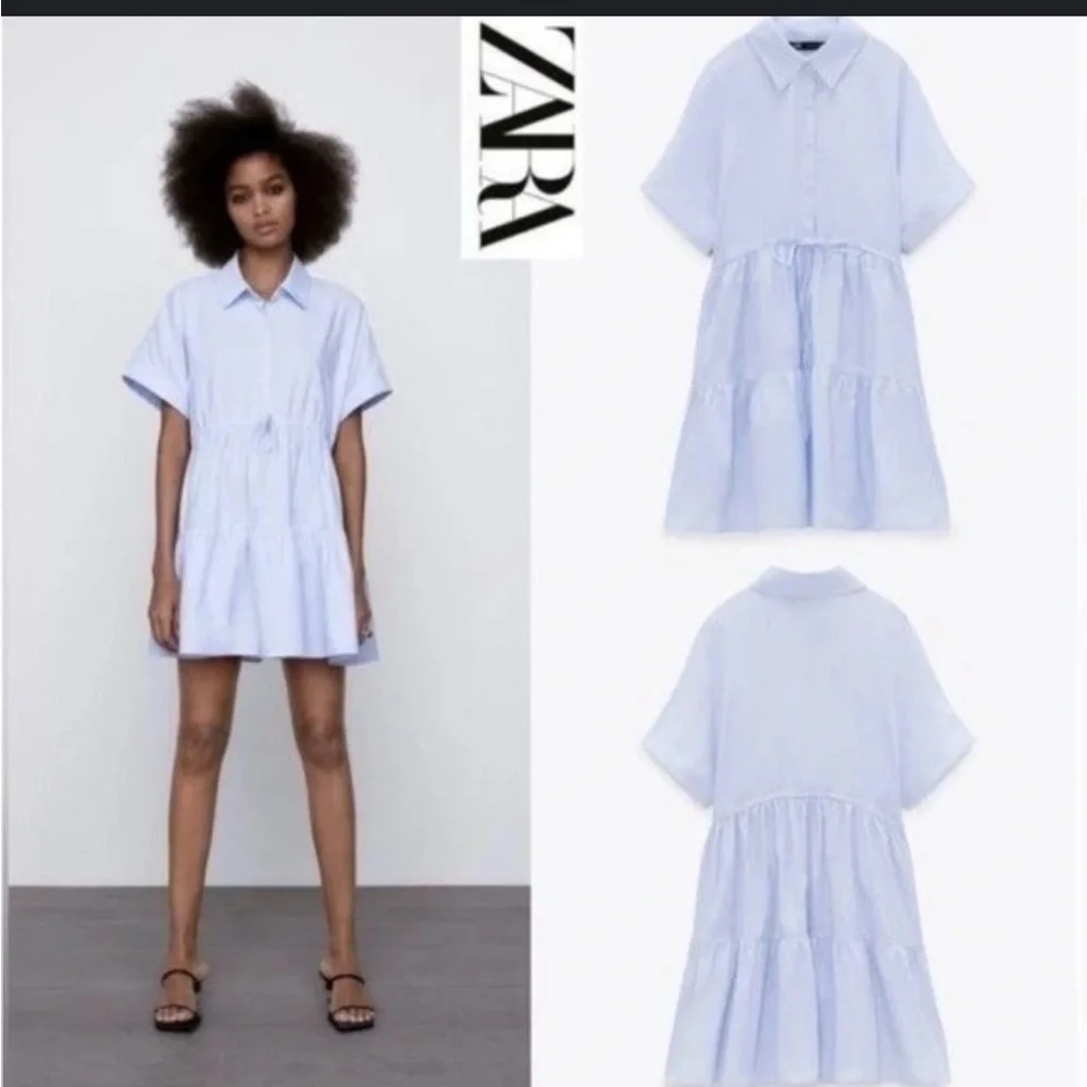 Zara Tiered Cotton Blue Oxford Dress - Picture 2 of 8